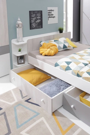 Łóżko z szufladami Arona 120x200 cm biały / dąb wilton biały / szary nowoczesny design łóżka obrzeża wykończone specjalną okleiną ABS