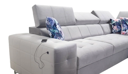 Narożnik z funkcją spania Hampton VII granatowy prawostronny narożnik do pokoju wykonany z aksamitnej tkaniny o gładkiej powierzchni