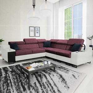 Narożnik z funkcją spania Alcamo III burgundowy / biały prawostronny funkcjonalny narożnik z szufladą w boczku dwa pojemniki na pościel