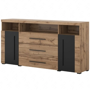 Komoda z szufladami Roger 182 cm dąb wotan / czarny elegancka stylistyka komody wzbogacona o stylowe czarne dodatki idealna do salonu sypialni