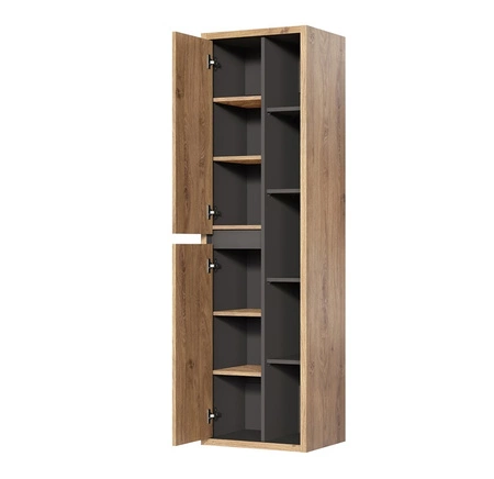 Słupek łazienkowy wiszący Devon 50 cm dąb shetland / grafit prosta forma szafki do łazienki z systemem cichego domykania drzwi