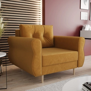 Fotel Wilkins musztardowy elegancki fotel do salonu z obszernym i miękkim siedziskiem drewniane nóżki nadają wizualnej lekkości