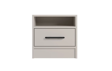 Zestaw mebli do sypialni Caspe beżowy geometryczne proste bryły o ponadczasowym designie czarne uchwyty komplet mebli z szafą