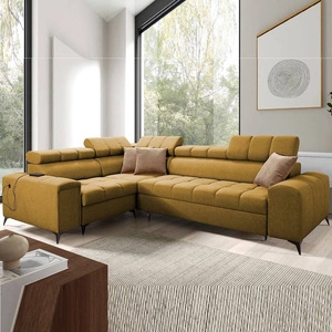 Narożnik z funkcją spania Bolmso II musztardowy lewostronny narożnik z pojemnikiem na pościel szuflada z pełnym wysuwem w boczku mebla