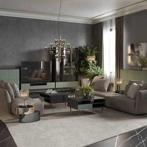 Zestaw mebli Salem czarne drewno / pistacjowa zieleń elegancka meblościanka do salonu gustowne lamele na frontach metalowa podstawa