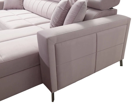 Narożnik z funkcją spania Nausa beżowy prawostronny velvet stylowy komfortowy narożnik regulowane zagłówki pojemnik na pościel