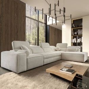 Narożnik z funkcją spania Viano XI kremowy prawostronny modny i stylowy narożnik z regulowanymi zagłówkami ozdobne poduszki