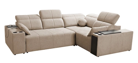 Narożnik z funkcją spania Tesalia II niebieski prawostronny komfortowy narożnik do salonu z przesuwanym oparciem pojemnik na pościel