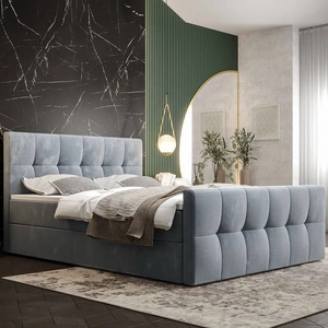 Łóżko kontynentalne Manhattan 180x200 błękitne w nowoczesnym skandynawskim stylu z tapicerowanym zagłówkiem i zanóżkiem