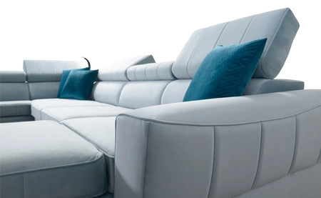 Narożnik z funkcją spania Rava VI błękitny prawostronny praktyczny i nowoczesny narożnik wyposażony w wielofunkcyjną lampkę