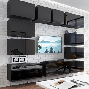 Meblościanka Lutro czarna / czarny połysk nietuzinkowa meblościanka o eleganckim charakterze idealna do salonu lub pokoju dziennego