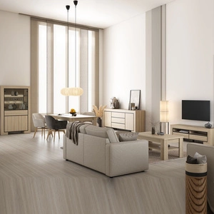 Zestaw mebli Cuba dąb samdal elegancka stylistyka mebli wzbogacona o stylowe czarne dodatki idealna meblościanka do pokoju dziennego