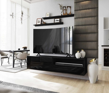 Szafka RTV wisząca Neo 172 cm czarna / czarny połysk z półkami stylowy design szafki pod telewizor z frontami na wysoki połysk