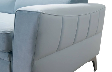 Narożnik z funkcją spania Rava II lazurowy lewostronny velvet komfortowy narożnik z pojemnikiem na pościel wielofunkcyjna lampka