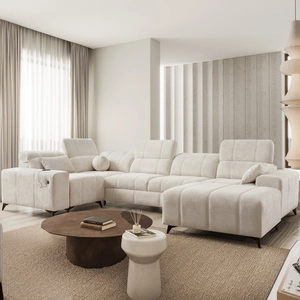 Narożnik z funkcją spania Penejos IV kremowy prawostronny stylowy narożnik rozkładany z dwoma pojemnikami na pościel trwała tkanina