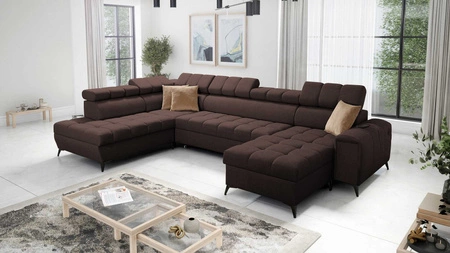 Narożnik z funkcją spania Bolmso VI brązowy prawostronny wygodny narożnik z regulowanymi zagłówkami dekoracyjne pikowania na siedzisku