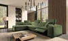 Narożnik z funkcją spania Viano XI Lux zielony lewostronny designerski narożnik z wysuwanym podnóżkiem i pojemnikiem na pościel