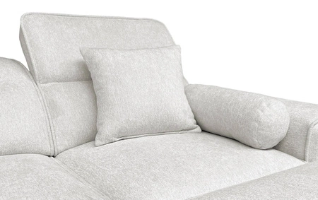 Narożnik z funkcją spania Viano jasny szary prawostronny stylowy narożnik o ciekawym kształcie regulowane zagłówki ozdobne poduszki