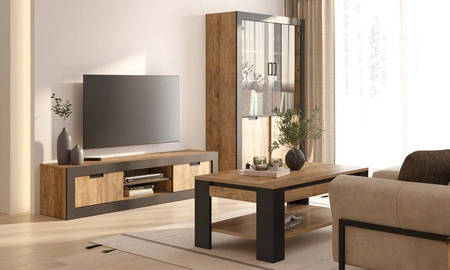 Szafka RTV Tudor 180 cm dąb samdal / czarny z drzwiami przesuwnymi idealna do wnętrz w stylu industrialnym do salonu lub pokoju dziennego