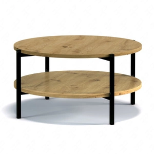 Stolik kawowy okrągły 84 cm Sampi dąb artisan z dodatkową półką lekki design metalowa podstawa idealny stolik do każdej aranżacji