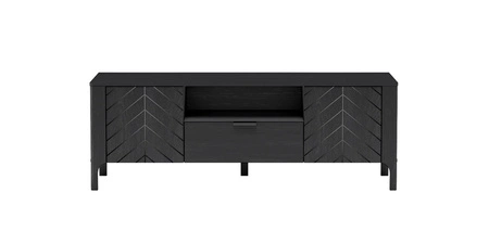 Szafka RTV Malumi 160 cm czarna stylowy design ozdobny wzór jodełki na frontach minimalistyczny metalowy uchwyt wysoka podstawa