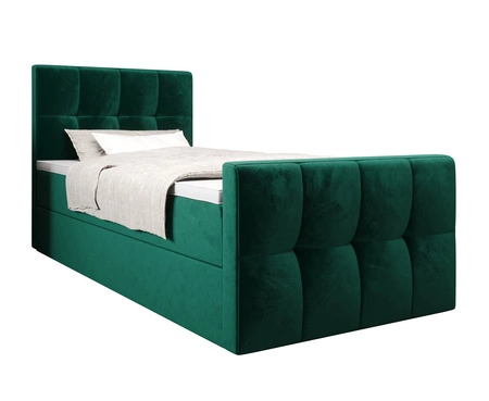 Łóżko kontynentalne Manhattan 100x200 butelkowa zieleń w nowoczesnym skandynawskim stylu z tapicerowanym zagłówkiem i zanóżkiem łóżko z pojemnikiem