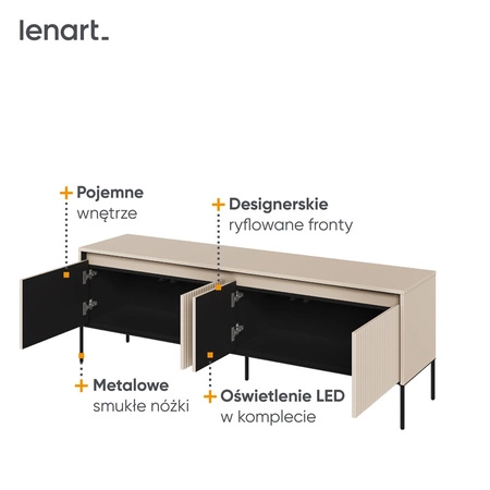Szafka RTV Trend 167 cm beżowa praktyczna i stylowa szafka z ryflowanymi frontami wzbogacona o oświetlenie LED metalowa podstawa