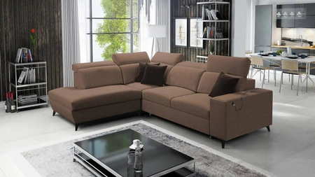 Narożnik z funkcją spania Kelly Sleek VII jasny brąz lewostronny pleciony komfortowy i funkcjonalny narożnik rozkładany do salonu