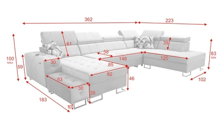 Narożnik z funkcją spania Hampton VI czarny lewostronny funkcjonalny narożnik do salonu z ruchomą dostawką oraz półką
