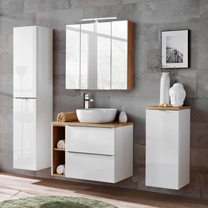 Zestaw mebli łazienkowych Capri biały połysk / dąb craft złoty funkcjonalne szafki łazienkowe z metalowymi uchwytami krawędziowymi