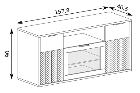 Komoda Fonti 158 cm dąb karmel elegancka stylistyka komody drzwi ozdobione dekorem jodełki czarne uchwyty krawędziowe przeszkolony front