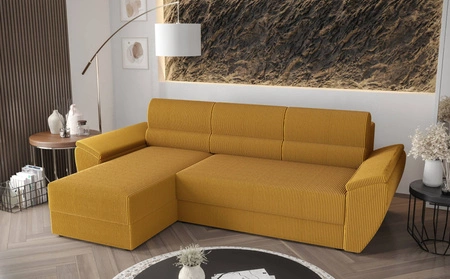 Narożnik z funkcją spania Fogu II miodowy lewostronny stylowy narożnik z komfortowymi podłokietnikami i pojemnikiem na pościel