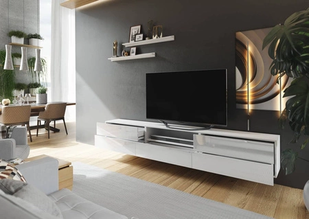 Szafka RTV wisząca Lutra 258 cm biała / biały połysk z półkami stylowy design szafki pod telewizor z frontami na wysoki połysk