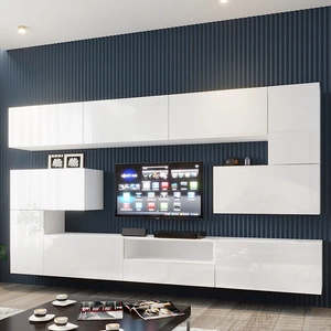 Meblościanka Selasia biała / biały połysk stylowe bezuchwytowe bryły designerska meblościanka do salonu lub pokoju dziennego