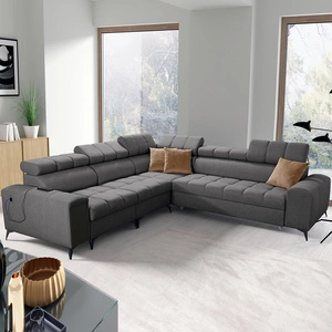 Narożnik z funkcją spania Bolmso III grafitowy lewostronny narożnik z pojemnikami na pościel szuflada z pełnym wysuwem w boczku mebla