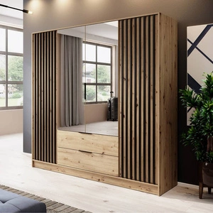 Szafa z lustrem Aspen 206 cm dąb artisan / czarne lamele nowoczesny design mebla drzwi szafy ozdobione lamelami