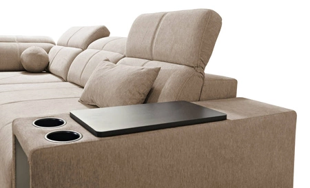 Narożnik z funkcją spania Tesalia VII miodowy lewostronny nowoczesny design komfortowe przesuwane oparcie szuflada w boczku mebla