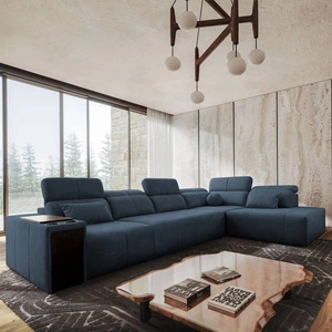 Narożnik z funkcją spania Tesalia XI niebieski prawostronny nowoczesny narożnik z komfortowym przesuwanym oparciem i pojemną szufladą