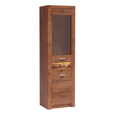 Zestaw mebli do salonu Indiana jesion jasny gustowna stylistyka mebli ozdobna deska na froncie oświetlona LED elementy z bezpiecznego szkła