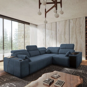 Narożnik z funkcją spania Tesalia II niebieski prawostronny komfortowy narożnik do salonu z przesuwanym oparciem pojemnik na pościel