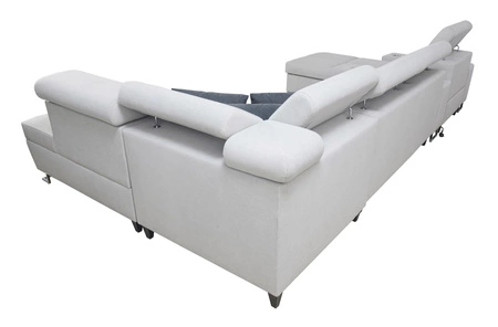 Narożnik z funkcją spania Dafni V lawendowy róż / biały lewostronny pleciony wygodny i komfortowy narożnik z regulowanymi zagłówkami