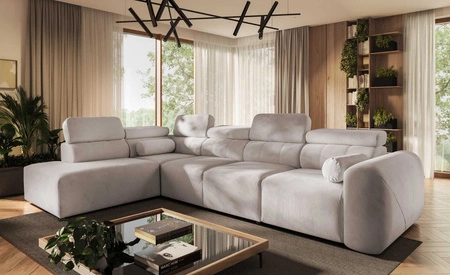 Narożnik z funkcją spania Cantare XI kremowy lewostronny funkcjonalny i komfortowy narożnik o nowoczesnym designie pluszowa tkanina