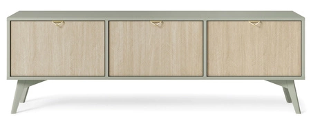 Szafka RTV Wald 158 cm eukaliptus / beż jodełka skandynawski design gustowny dekor jodełki na frontach eleganckie złote uchwyty