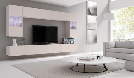 Meblościanka Apulia beżowa wyjątkowo stylowa meblościanka proste bryły wpisujące się w każde wnętrze