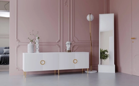 Lustro stojące Belluna 48 cm beżowe funkcjonalny dodatek do sypialni oraz przedpokoju lustro na stabilnej podstawie z szufladą