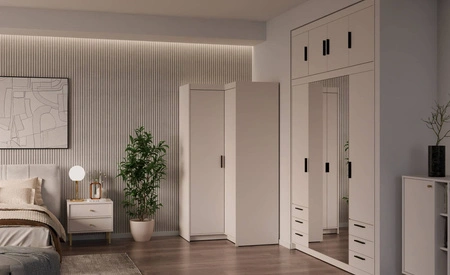 Szafa narożna Rene beż piaskowy stylowy design obrzeża wykończone ABS fronty szafy do sypialni o matowym wykończeniu czarne uchwyty