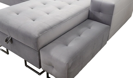 Narożnik z funkcją spania Hampton VI granatowy prawostronny funkcjonalny narożnik do salonu z ruchomą dostawką oraz półką