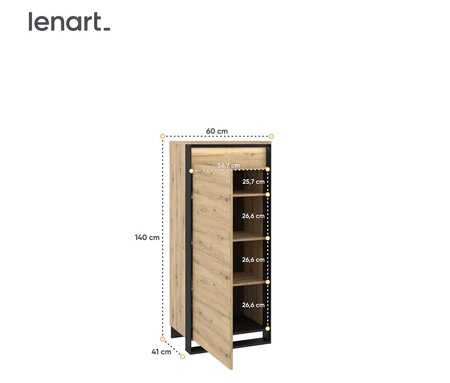 Komoda wysoka Quant 60 cm dąb artisan / czarny nowoczesny design komoda z oświetleniem LED system otwierania drzwi push to open