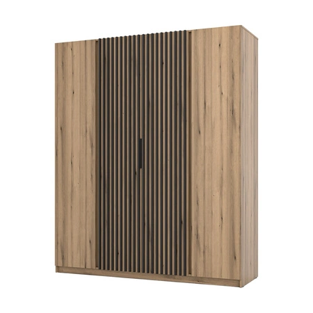 Szafa Kastano XIII 200 cm dąb evoke nowoczesny design metalowe uchwyty krawędziowe drzwi szafy ozdobione czarnymi lamelami