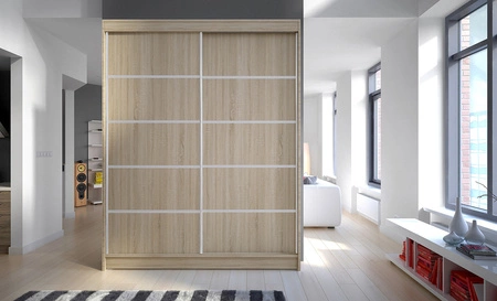 Szafa przesuwna Luft 150 cm dąb sonoma jasny funkcjonalna szafa do sypialni fronty wykończone poziomymi srebrnymi listwami